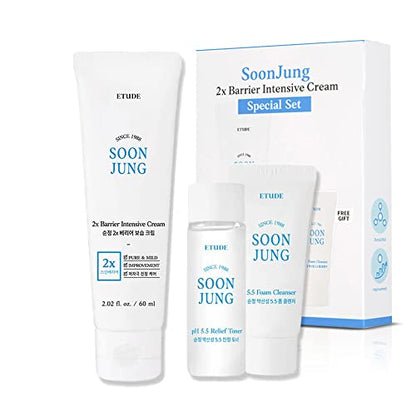ETUDE Soonjung 2x Barrier Intense Cream Set | 2x Barrier Cream 2.02fl.oz + Ph 5.5 Relief Toner 0.85 Fl.oz. + Foam Cleanser 0.68 Fl.oz. | Oil And Water Balance Moisturizing Cream Korean Skin Care