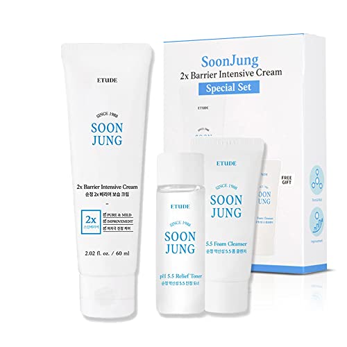 ETUDE Soonjung 2x Barrier Intense Cream Set | 2x Barrier Cream 2.02fl.oz + Ph 5.5 Relief Toner 0.85 Fl.oz. + Foam Cleanser 0.68 Fl.oz. | Oil And Water Balance Moisturizing Cream Korean Skin Care