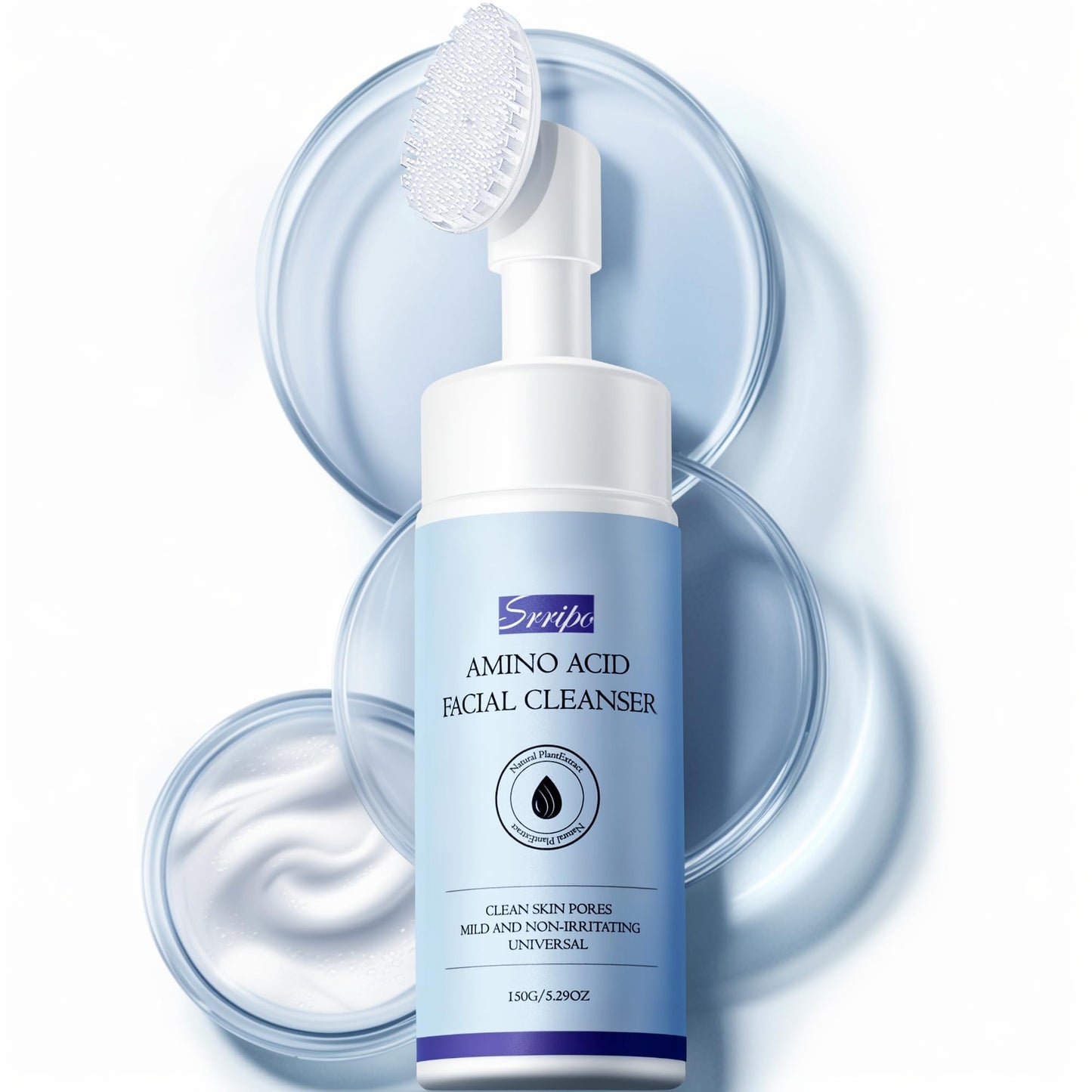 Gentle Foaming Face Wash Deep Cleansing Facial Cleanser with Brush Moisturizing & Non-Irritating Face Cleanser for Sensitive Dry All Skin PH Balancing Oil Control Pore Cleaner for Fresh(Blue)