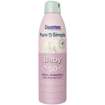 Coppertone Pure and Simple Baby Sunscreen Spray SPF 50 Zinc Oxide Mineral Sunscreen for Babies Toddler Sunscreen Water Resistant Broad Spectrum SPF 50 Sunscreen 5 Oz