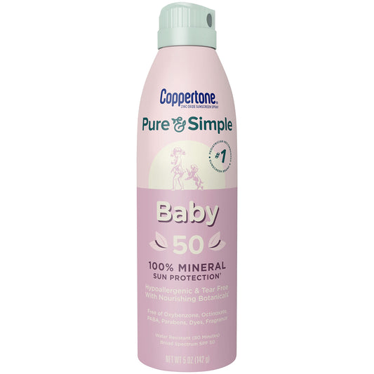 Coppertone Pure and Simple Baby Sunscreen Spray SPF 50 Zinc Oxide Mineral Sunscreen for Babies Toddler Sunscreen Water Resistant Broad Spectrum SPF 50 Sunscreen 5 Oz